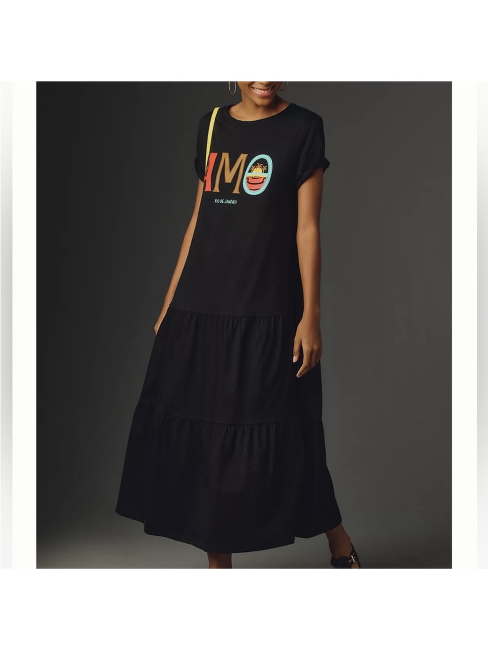 FARM Rio Black Tiered Maxi Dress with Multicolor Logo